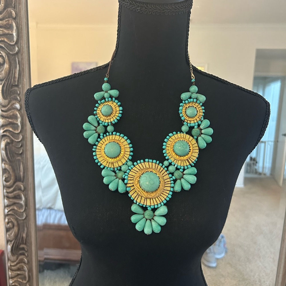 Blue and Gold Floral Necklace with Ornate Design